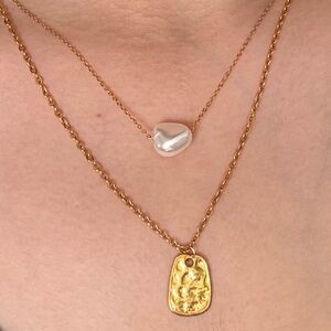 Gold Stainless Steel Double Layer Coin and Pearl Chain Necklace
